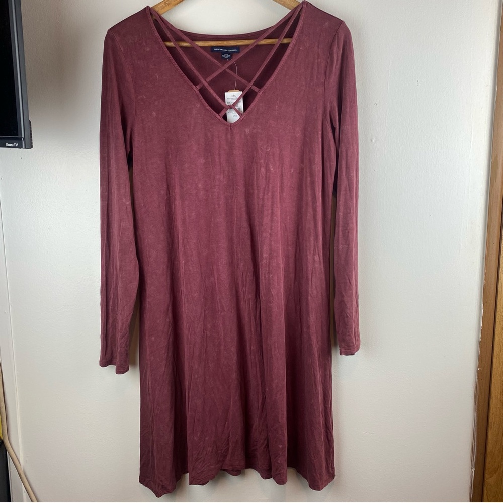 American Eagle NWT Size Large Maroon Bell Sleeve Mini Dress Strappy V-Neck